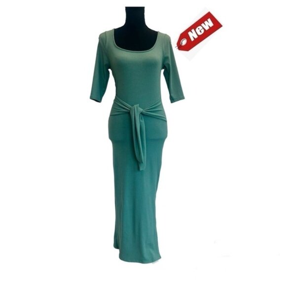 See You Monday dusty mint green ribbed front tie midi dress Sz M NWT - Picture 1 of 12